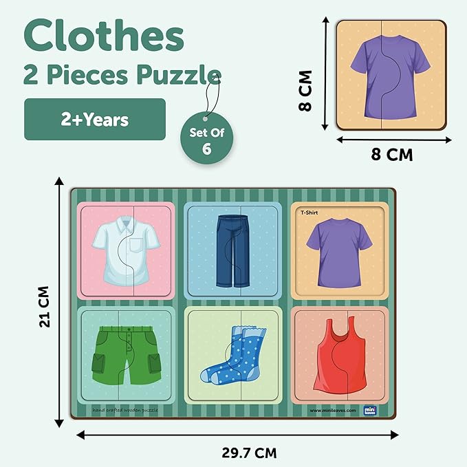 Mini Leaves 2 Piece Puzzle for Kids | Clothes Jigsaw Puzzle | Set of 6 Wooden Puzzles for Kids | Educational Toys