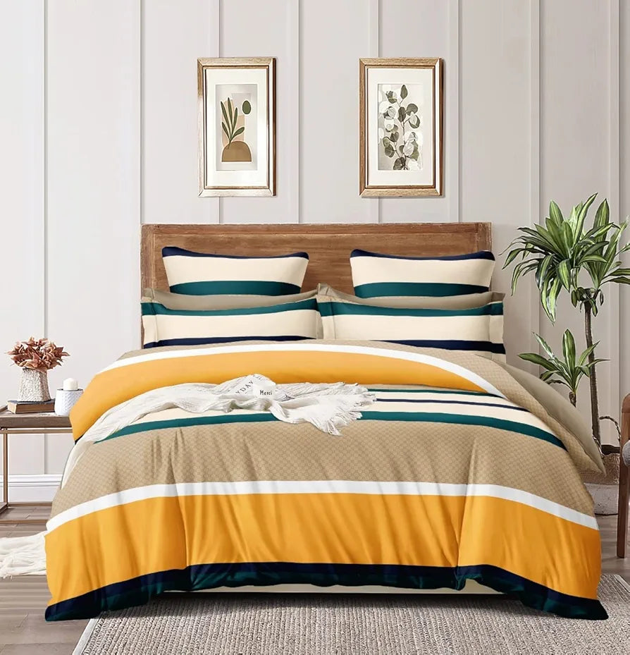 The Home Style Cotton Feel Glace Cotton 300 Threadcount Elastic Fitted Printed Queen Size Double Bed Bedsheet With 2 Pillow Cover 350 tc ButterScotch
