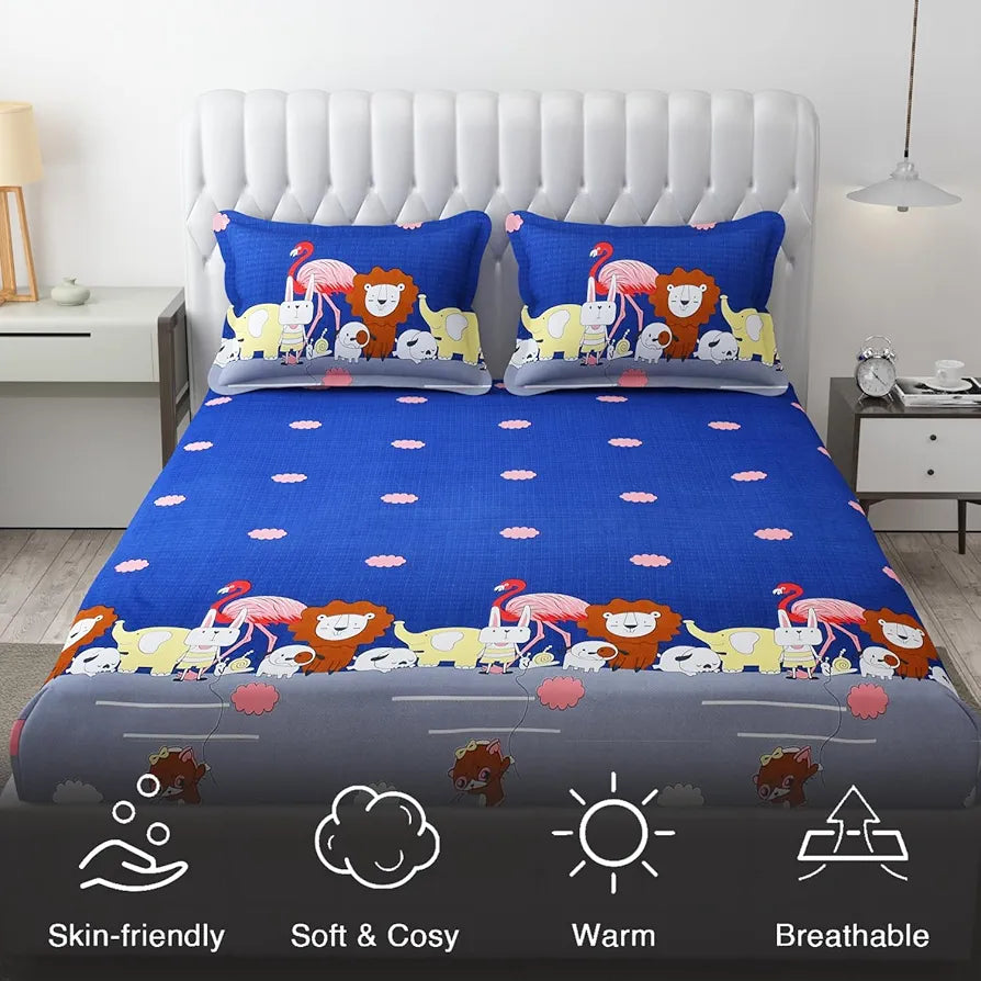 Fresh From Loom Elastic Fitted Cartoon Printed Bedsheets for Kids with 2 Pillow Jungle Blue Double Bed 300 TC