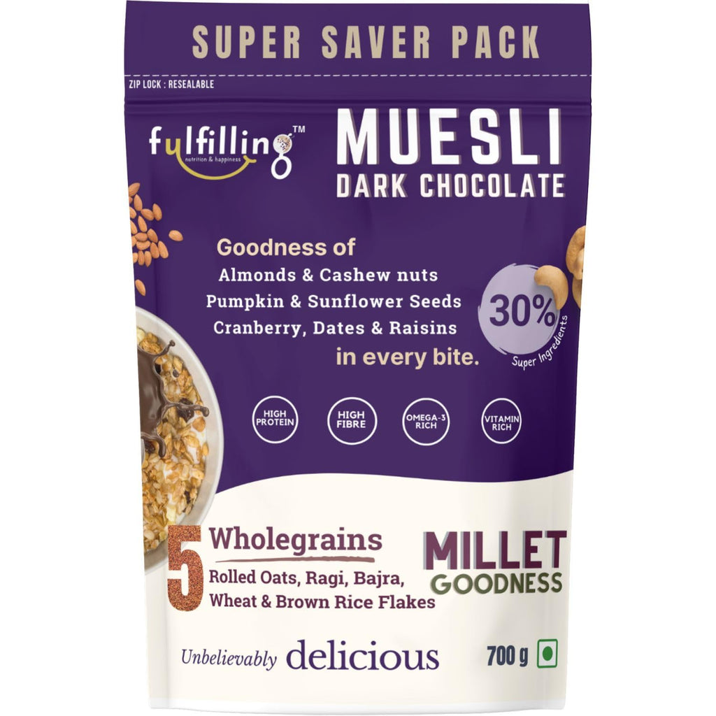 Fulfilling Chocolate Muesli- Tasty & Healthy Breakfast Cereal 700g, Dry fruit & Nuts, Omega 3 rich Pumpkin & Sunflower Seeds + Cranberry | Rolled Oats + Millet Flakes | Vegan