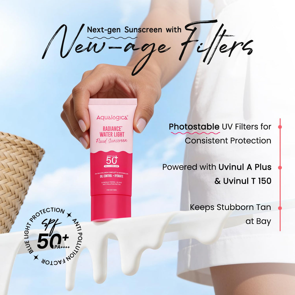 Aqualogica Radiance+ Water Light Fluid Sunscreen SPF 50+ PA++++, 50g | 2% Nia-Hyaluron Complex | Broad Spectrum UVA/UVB & Blue Light Protection | Ultra-Light Fluid | Fragrance-Free | No White Cast | Lightweight | For Men & Women