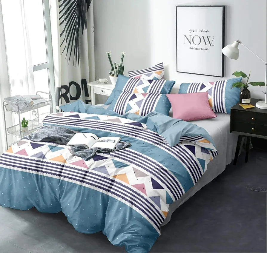 The Home Style 300 TC Cotton Feel Glace Cotton Printed King Size Double Bed Bedsheet with 2 Pillow Covers White Blue
