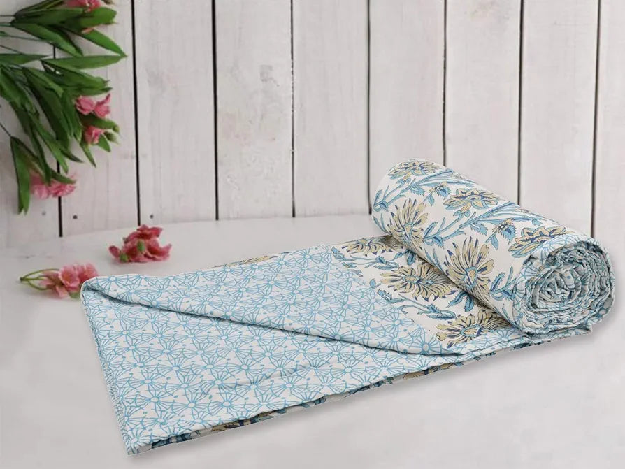 Trance Home Linen 150 GSM 100% Cotton Reversible Dohar Single Bed Size Jaipuri Printed Artisan Block Design Blanket 56"X88" Colour Flora Blue