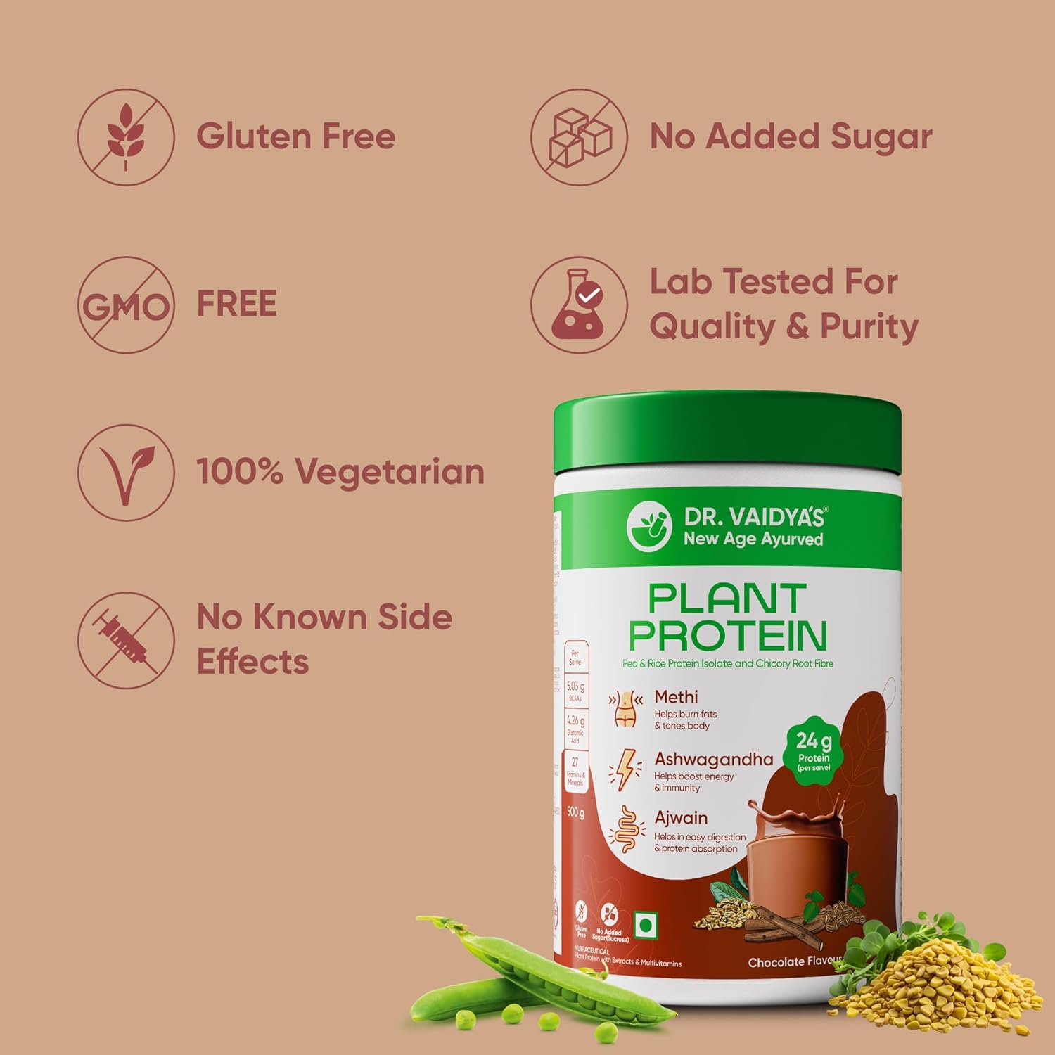 Dr. Vaidyaâ€™s Plant Protein Powder | Ayurvedic Pea Protein with Ashwagandha, Methi & Ajwain | 25g Protein per Serving | Muscle Gain, Energy & Weight Loss | 500g Chocolate Flavour