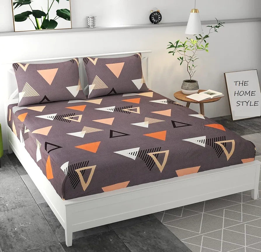 The Home Style Cotton Feel Glace Cotton Elastic Fitted Printed Queen Size Double Bed Bedsheet With 2 Pillow Cover,300 TC Graphite Triangle