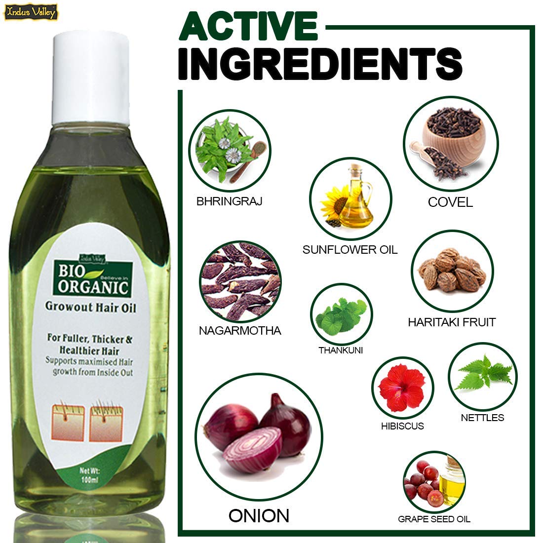 INDUS VALLEY Bio Organic Growout Hair Oil 100% Organic and Vegan Combats Dandruff, Flaky scalp, Frizz and Split Ends (100ml)