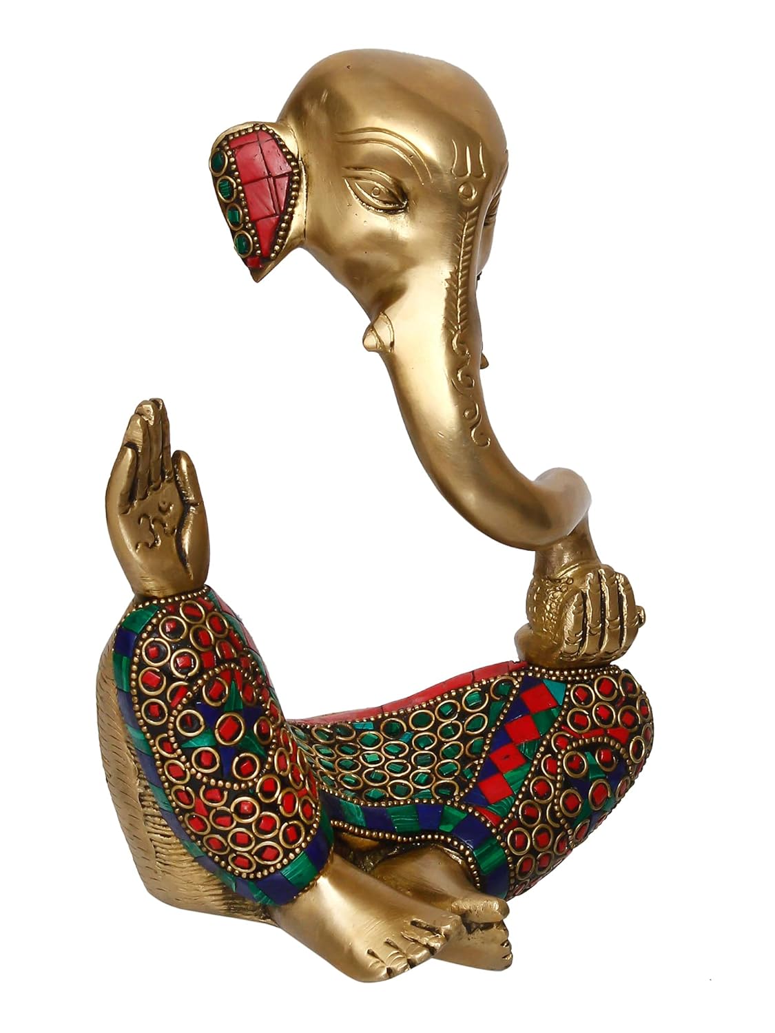 Ecraftindia Handcrafted Meditating Brass Lord Ganesha Idol With Golden Colorful Stone Work | Spiritual Ganesha Statue for Puja Room