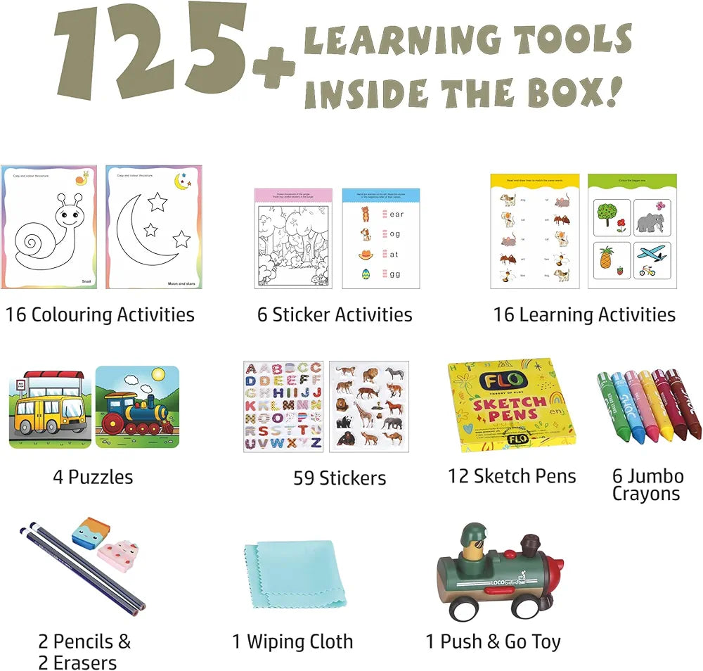 FLO Wisetree Level 3 Preschool Learning Activity Kit for Toddlers Age 5+ 125+ Early Learning Tools Birthday Gift Alphabet Flash Cards Puzzle, Push-n-go Toy