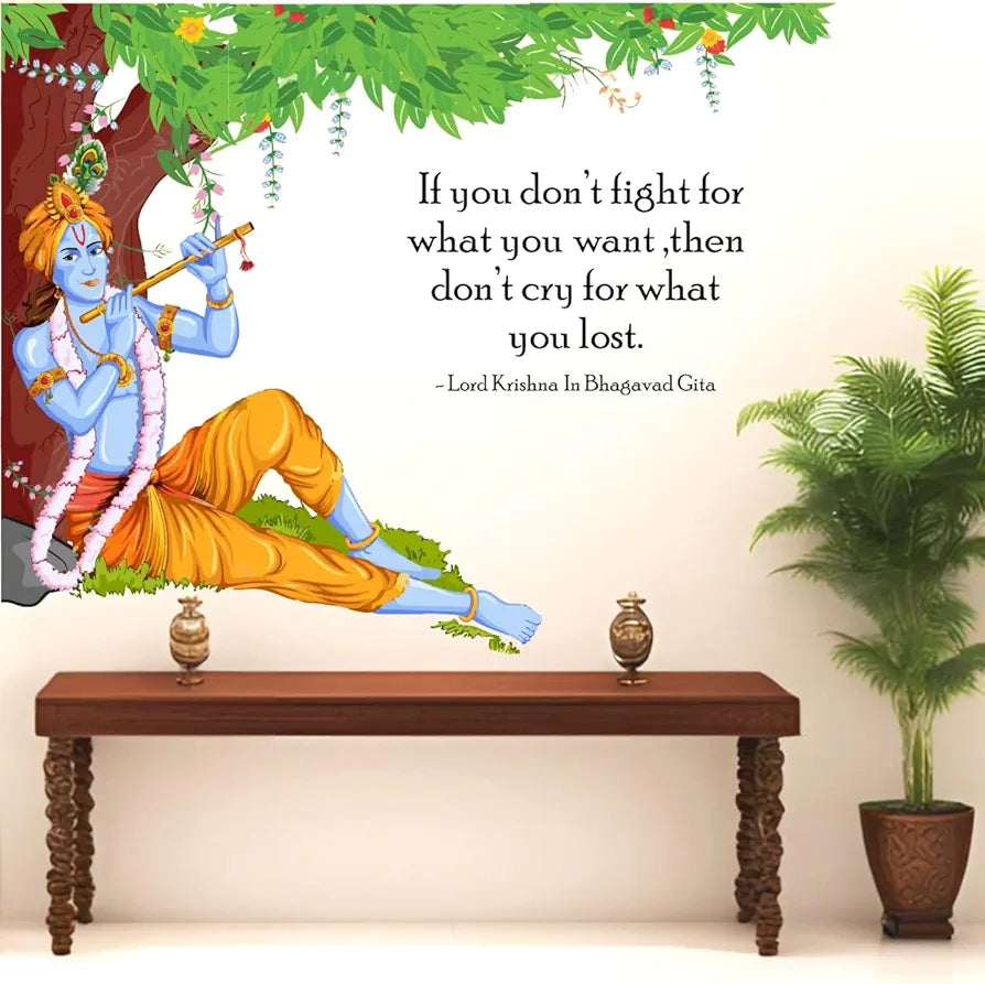 Rawpockets Decals Lord Krishna Flute Bhagavad Gita Quote Extra Large Size Wall Sticker