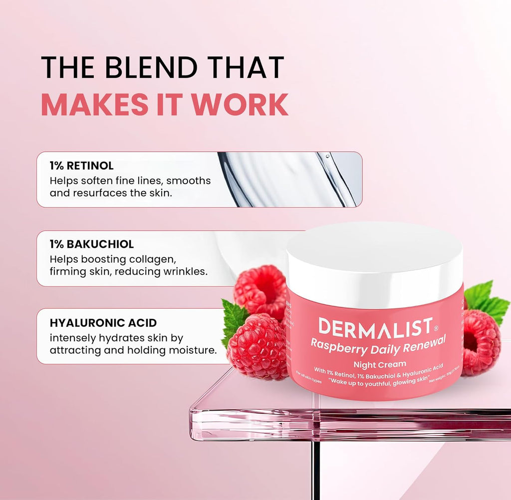 Dermalist Raspberry Daily Renewal 1% Retinol & 1% Bakuchi Oil Anti Ageing Night Cream | Reduces Fine Line & Wrinkles | For Men & Women | 50 G
