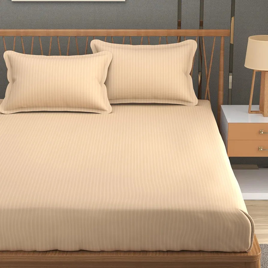 Homefab India 160 TC Stripe Glace Cotton Double BedSheet with 2 Pillow Covers Peach
