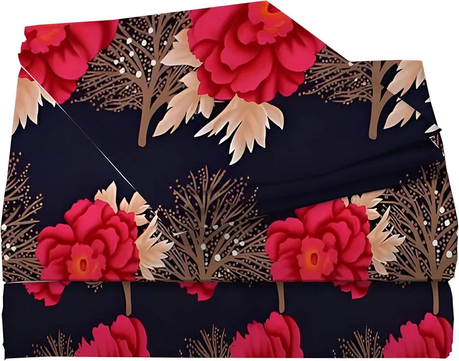 Starnstyle Polycotton 220 TC Floral Printed King Size Double Bedsheet with 2 Pillow Covers Blue Red