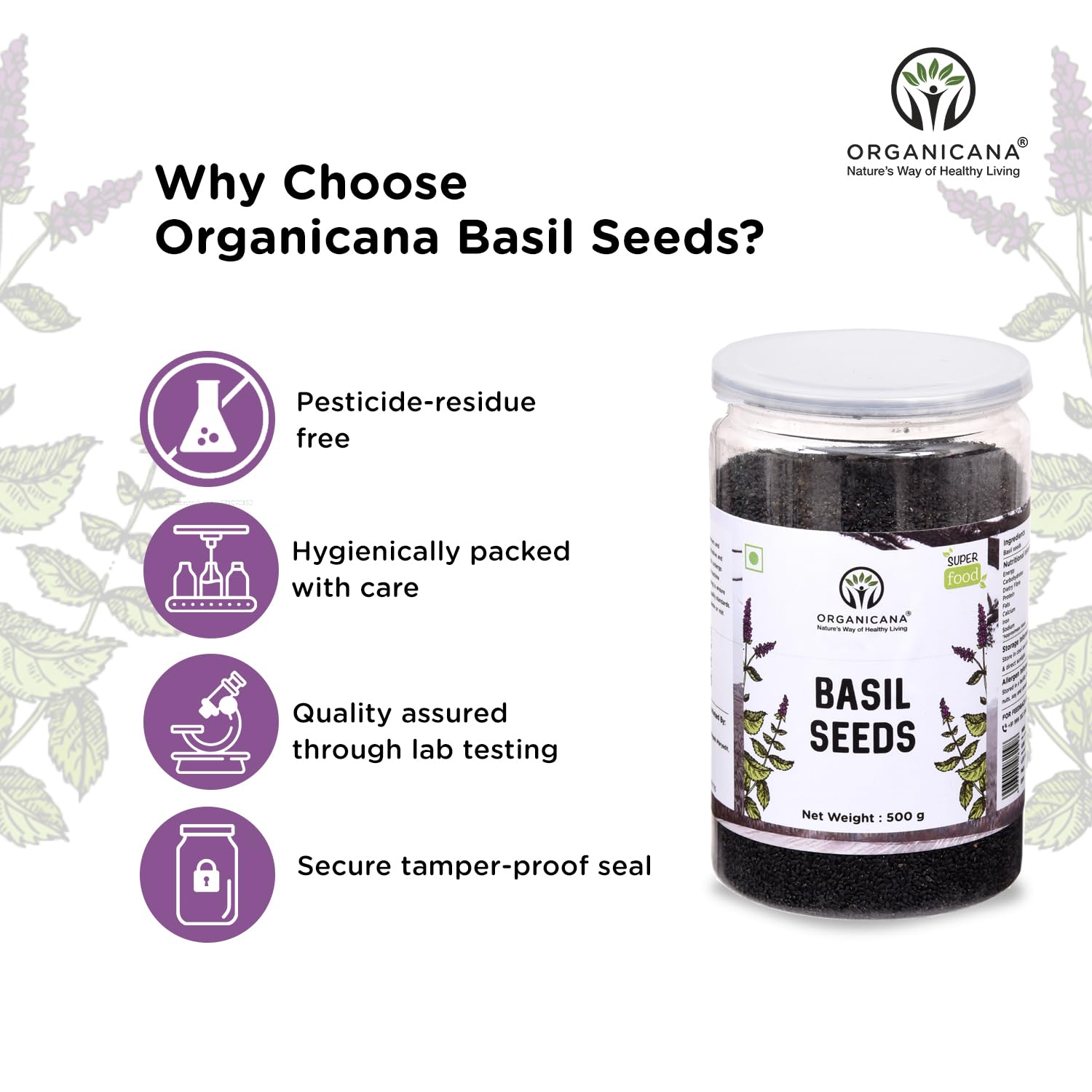 Organicana Basil Seeds 500gm (Pack of 1) Sabja Seeds - Beat the Summer Heat Nutrient-Rich, Pure Basil Seeds For Healthy Drinks, Smoothies, And Recipes Tukmaria Seeds for Weight Management