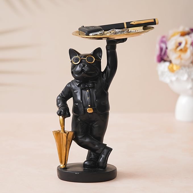 Ecraftindia Black and Golden Polyresin Cat Statue in Formal Dress and Sunglasses With Umbrella Animal Figurine