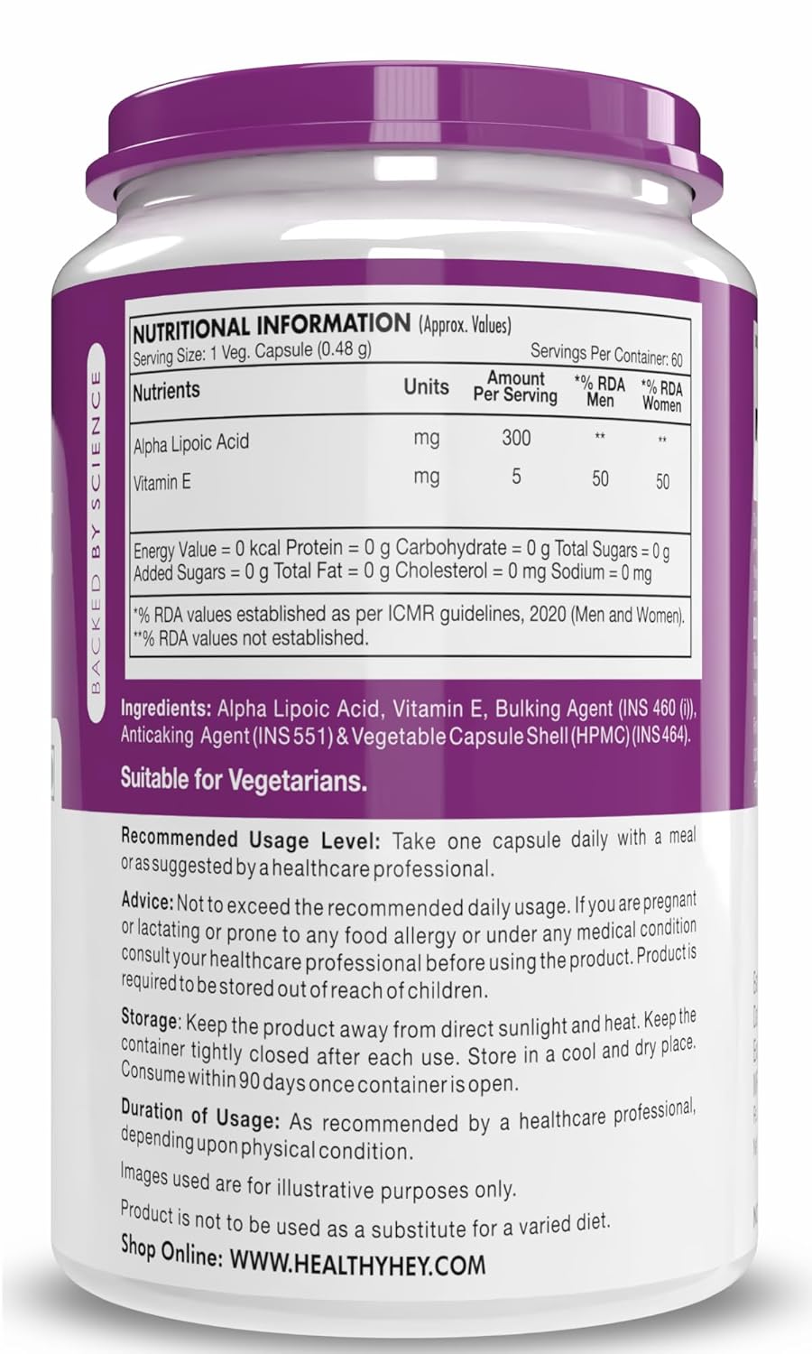 HealthyHey Nutrition Alpha Lipoic Acid - ALA- Pack of 60 Veg. Capsules - Gluten Free & Non-GMO