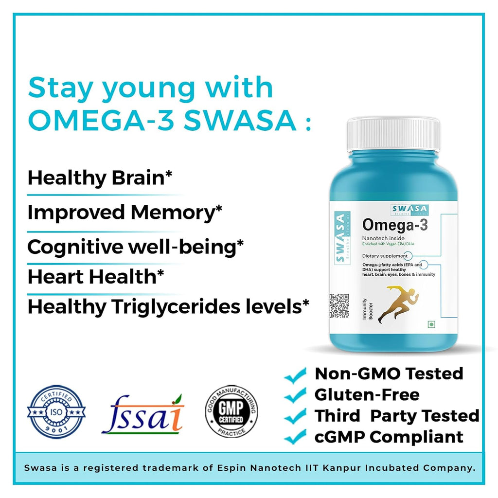 Swasa Vegan Omega 3 Capsules, 500 mg || Healthy Heart|| Brain|| Immunity ((Pack of 1))