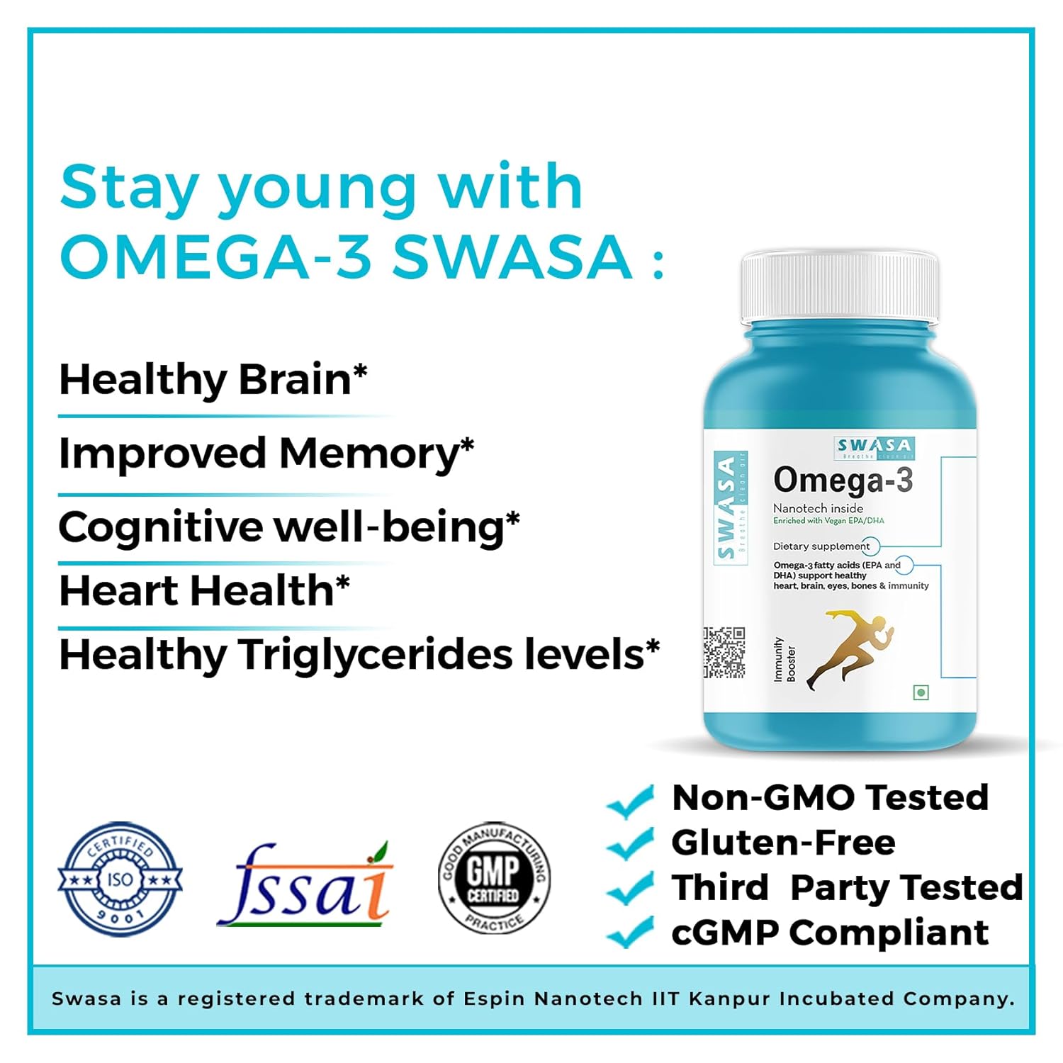 Swasa Vegan Omega 3 Capsules, 500 mg || Healthy Heart|| Brain|| Immunity ((Pack of 1))