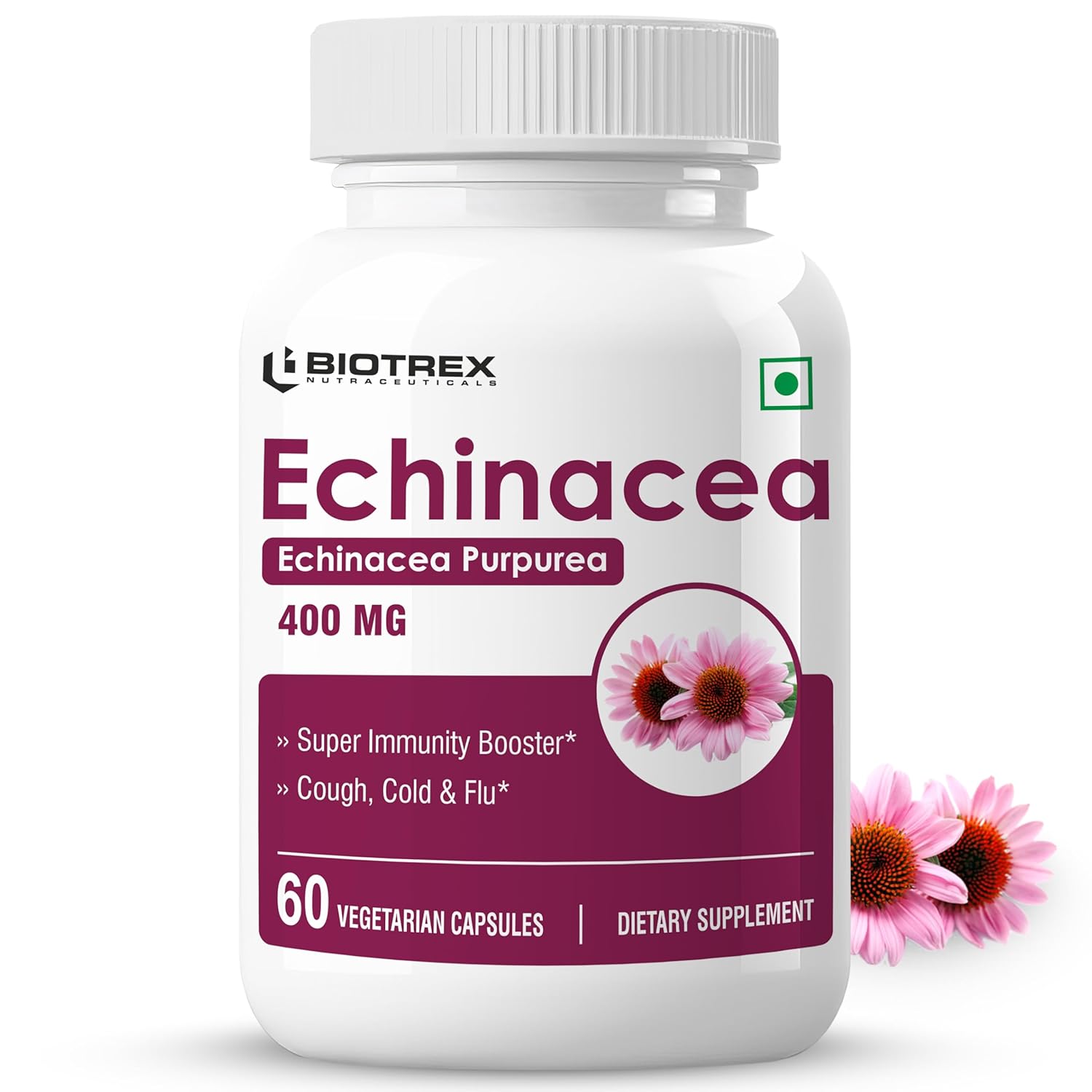 Biotrex Nutraceuticals Echinacea 400mg | Immunity & Anti-inflammatory Effects | Antioxidant Properties | Skin Health & Overall Wellbeing â€“ 60 Veg Capsules