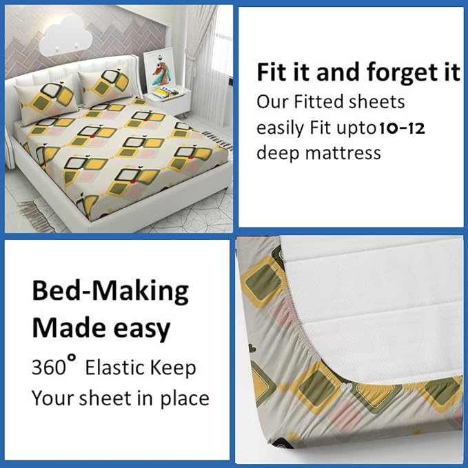 Decomizer Cotton Feel Elastic Fitted Printed King Size Double Bed Bedsheet With 2 Pillow Covers Beige Green Squares Colour