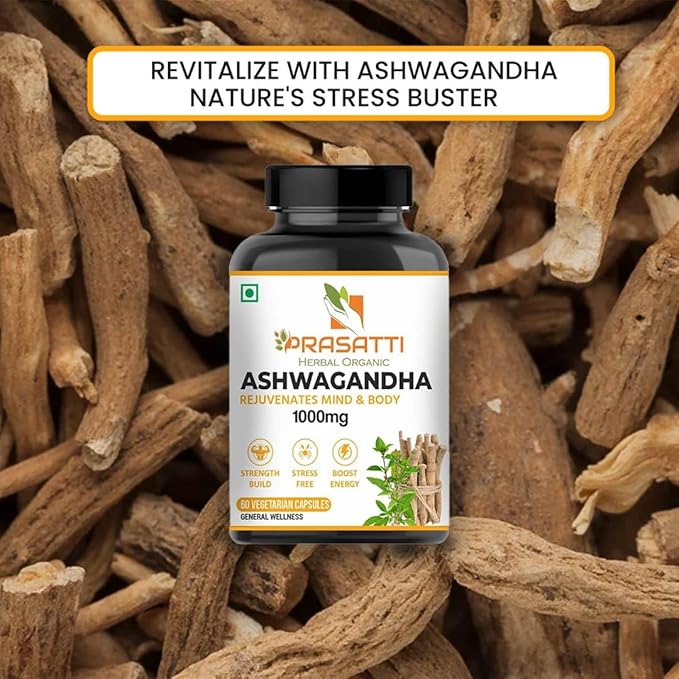 Prasatti Herbal Organic Plant Based Ashwagandha Supplements 1000mg With Ashwagandha Roots Extract - 60 Veg Capsules