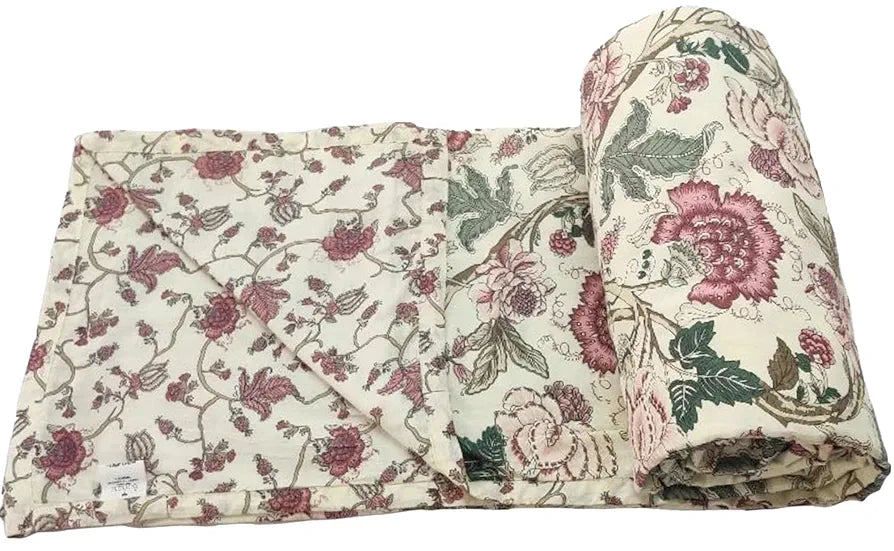 Trance Home Linen 100% Cotton Reversible Dohar Double Bed Size Jaipuri Printed Artisan Block Design Blanket Soft Lightweight Colour Malhaar Red
