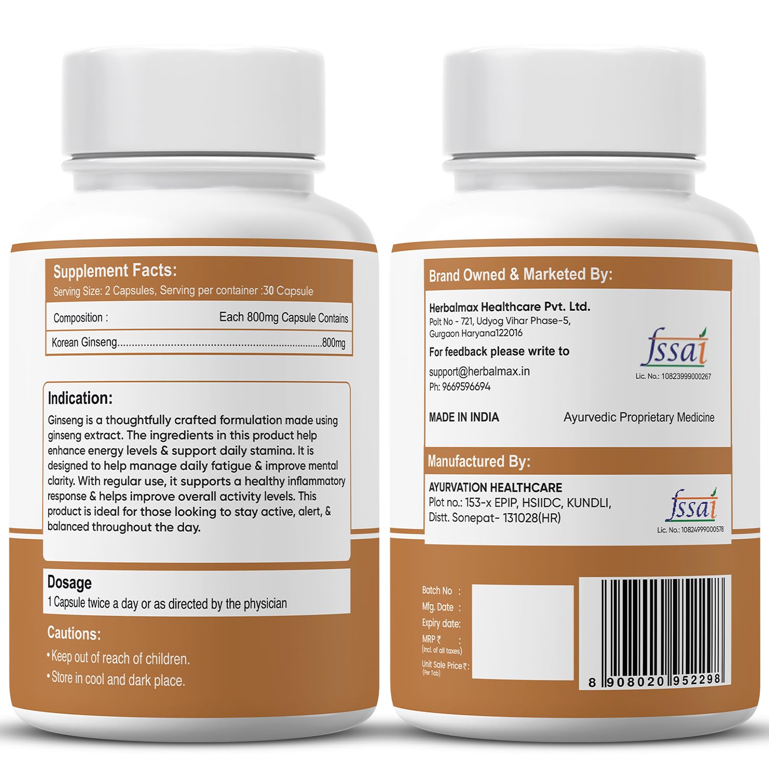 Herbal Max Korean Ginseng Capsules â€“ 60 Veg Capsules | Boosts Immunity, Stamina & Energy | Natural Stress Support | Ayurvedic Supplement for Men & Women