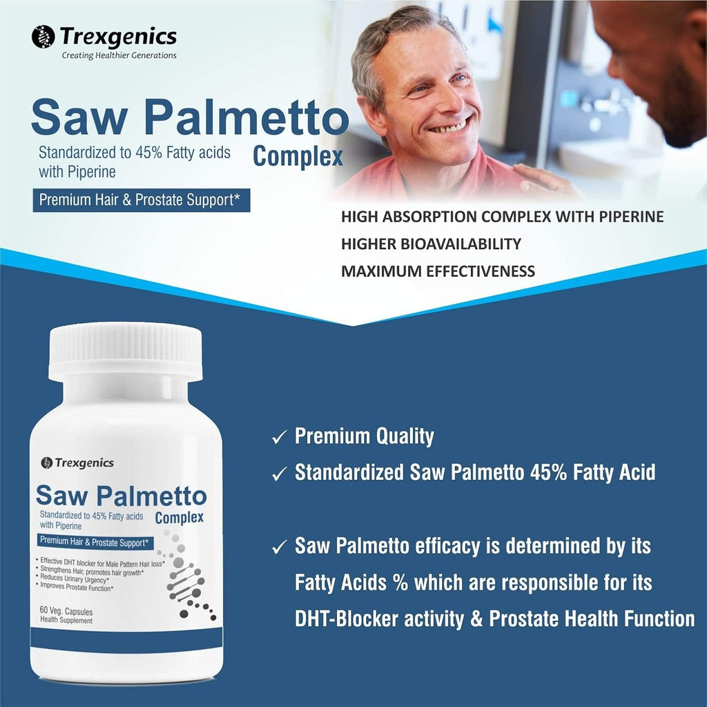 Trexgenics SAW PALMETTO Advanced - High Strength 45% Complex 550 mg with Bio-enhancer Piperine - Hair DHT Blocker & Prostate Support (60 Veg. Capsules) (1)