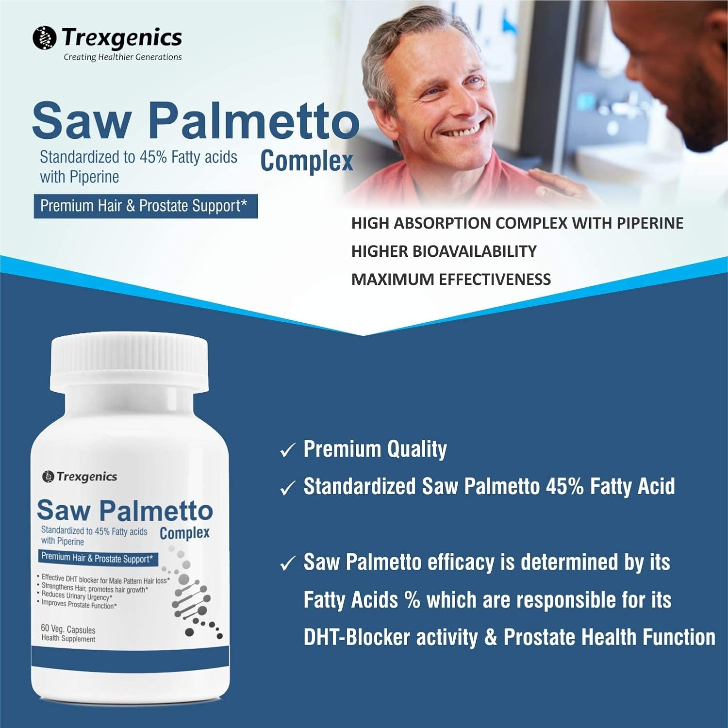 Trexgenics SAW PALMETTO Advanced - High Strength 45% Complex 550 mg with Bio-enhancer Piperine - Hair DHT Blocker & Prostate Support (60 Veg. Capsules) (1)