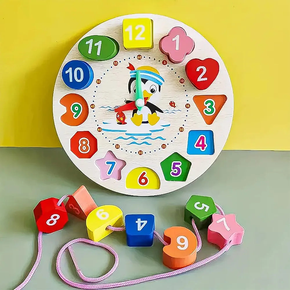 Wishkey Wooden Learning Clock with Bead Lace, Educational Digital Analog Numbers, Shape & Color Learning Montessori Toy for Kids