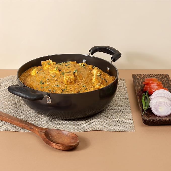 Vinod Black Pearl Hard Anodised Deep Kadai 1.6 litres Capacity (18 cm Diameter), with Riveted Sturdy Handles - 3.25 mm Thickness