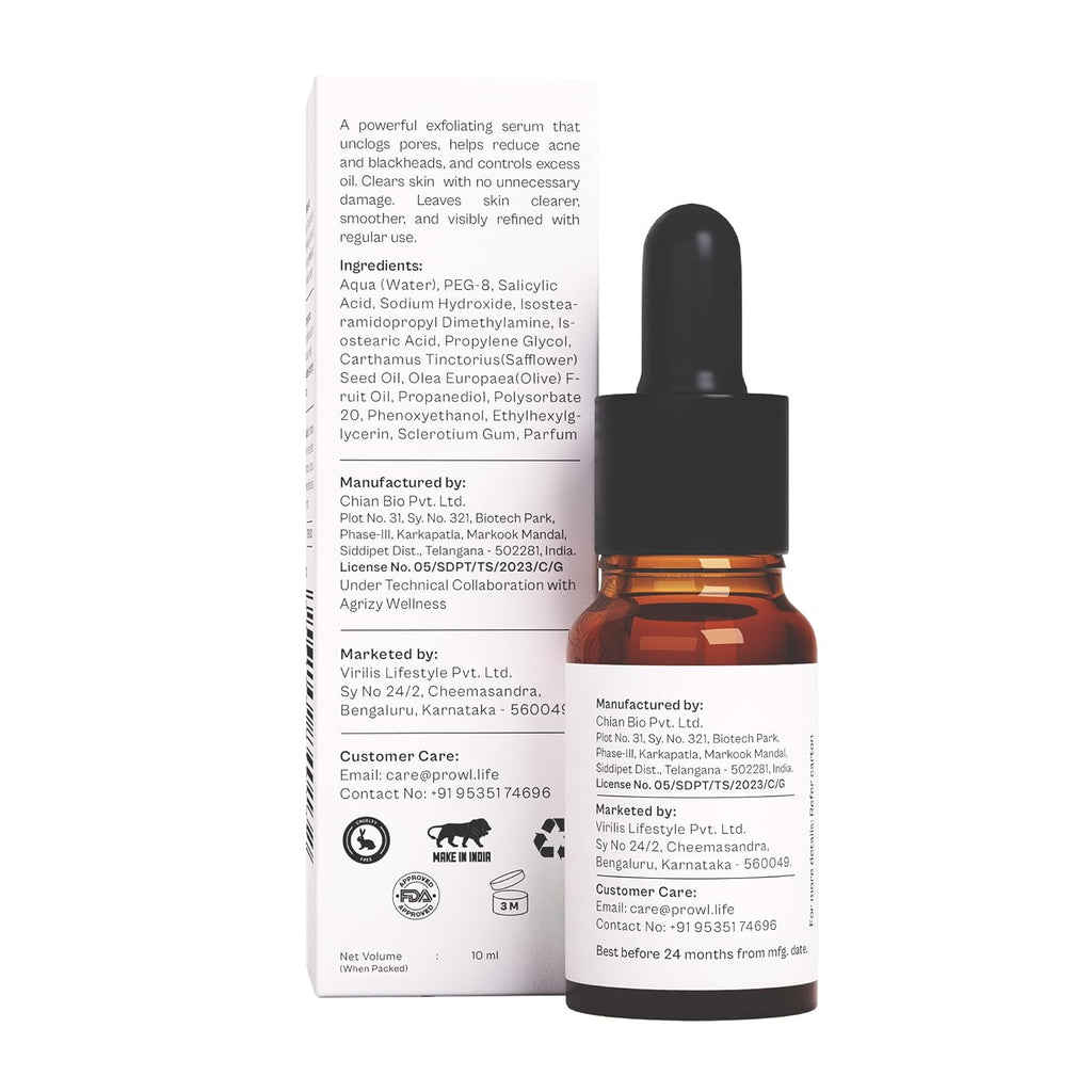 PROWL by Tiger Shroff 2% Salicylic Acid Face Serum for Oily & Acne Prone Skin | Reduces Dark Spots, Pigmentation & Controls Oil for Men | Exfoliating Serum for All Combination Skin | 10ml