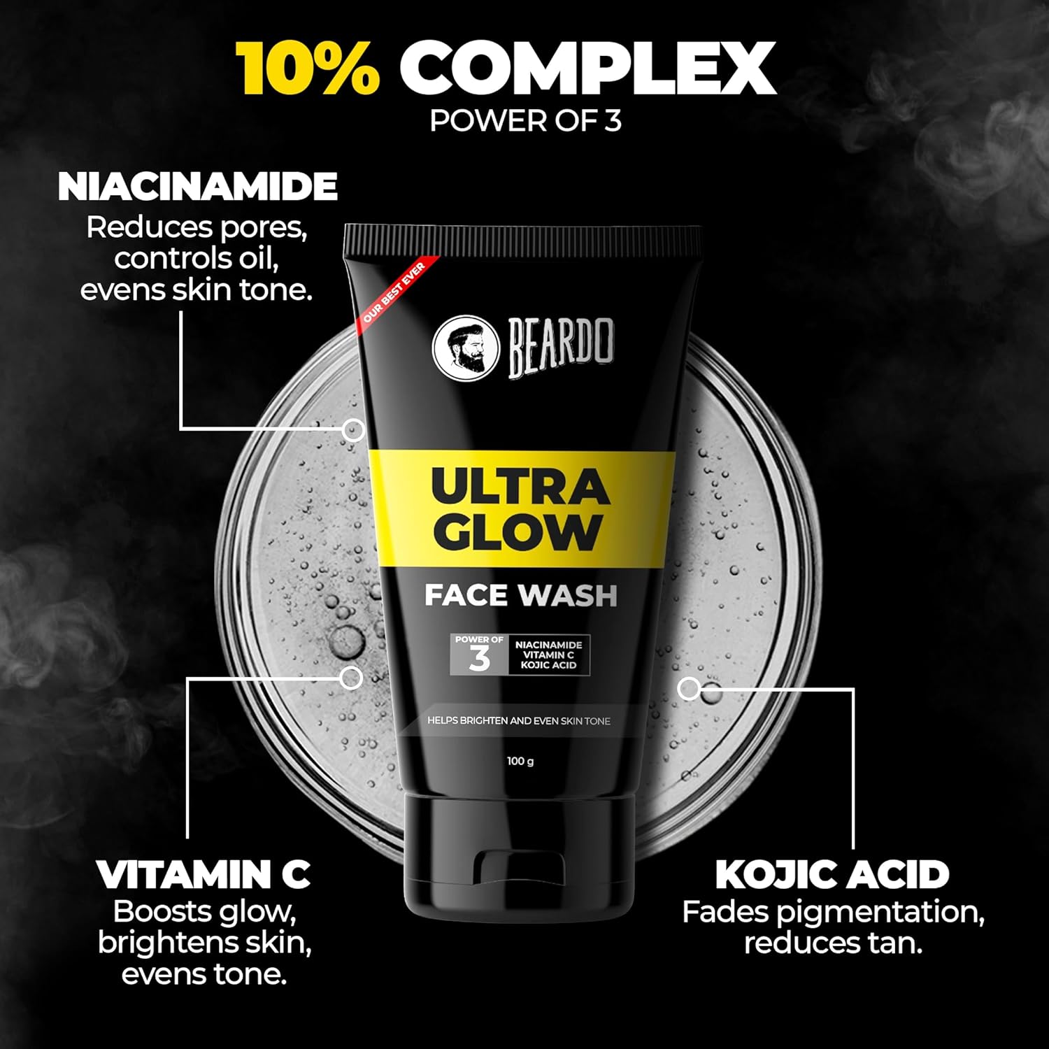 Beardo Ultraglow Face Wash for Men | Powered by 10% Complex of Niacinamide, Vitamin C & Kojic Acid | Brightens & Hydrates Skin | Reduces Pigmentation | Face Wash for Bright, Even Tone and Glowing Skin | Suitable for All Skin Types | 100g