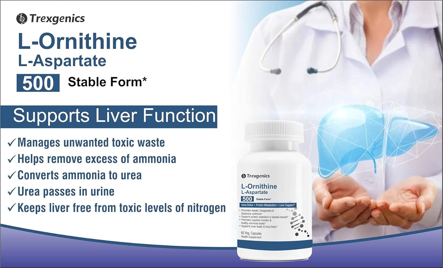 TrexgenicsÂ® L-ORNITHINE Stable form as L-Aspartate 500mg Urea Detox, Protein Metabolism, Liver Support (60 Vcaps) (1)
