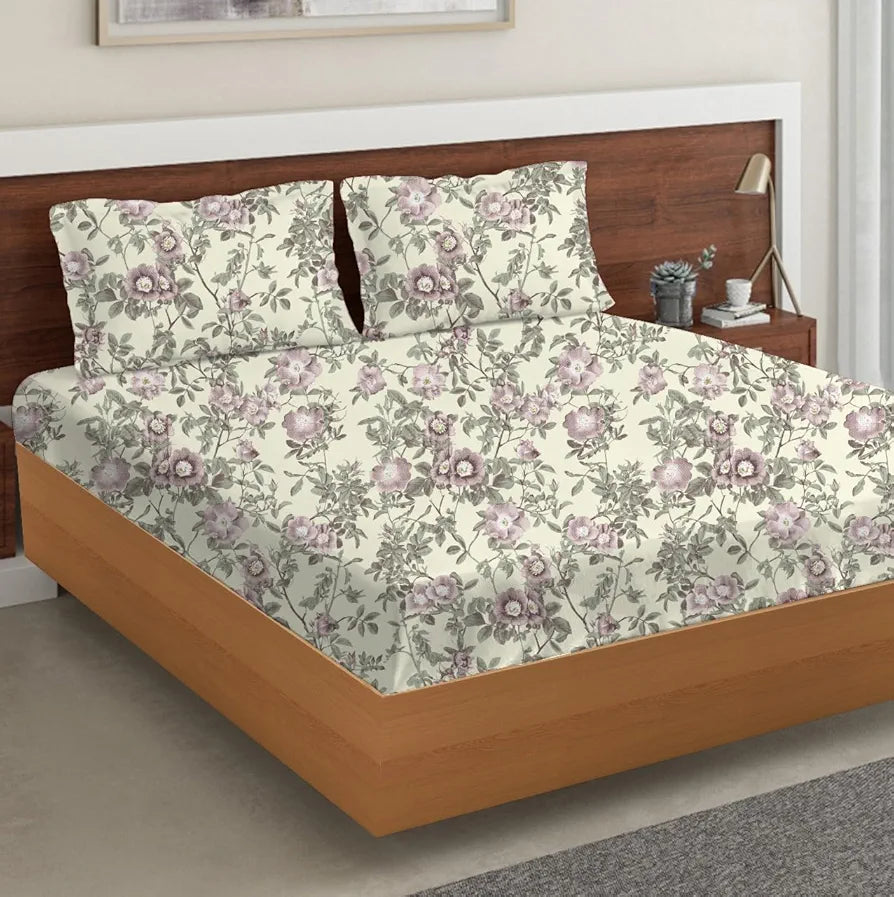 Trance Home Linen Skin Friendly 100% Cotton Printed Fitted Bedsheet for Queen Size Bed with 2 Pillow Cover Premium 180TC Colour Lilac Splendor