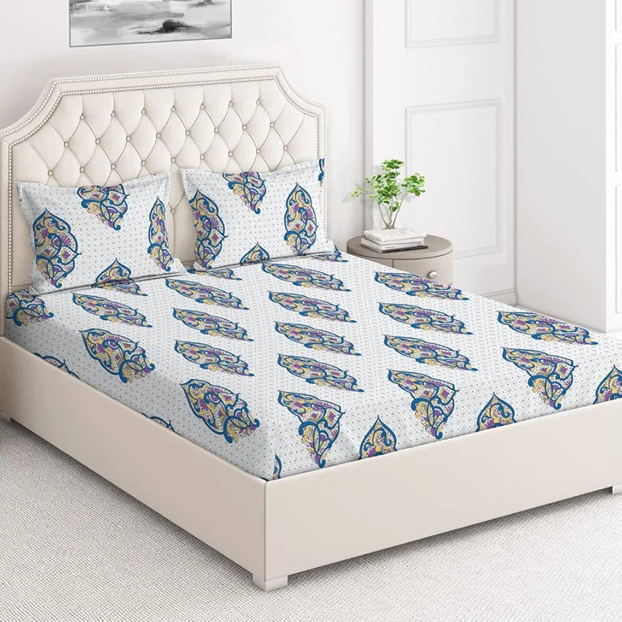 Layers Duracount Bedsheet Set for All Seasons Lightweight 225 CVC King Size Blue Ethnic