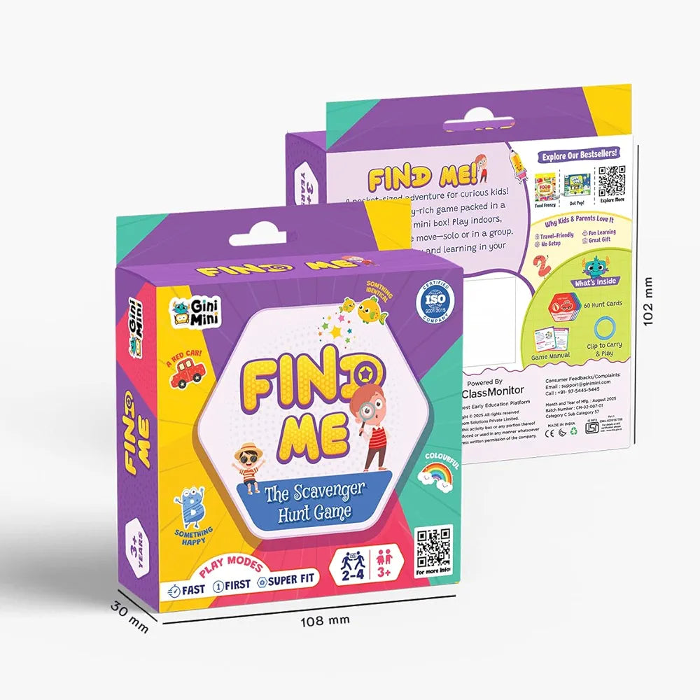 GiniMini FIND ME Scavenger Hunt Game for Ages 3+ 60 Reusable Cards 3 Play Modes Fast, First, Super FIT Indoor, Outdoor & Travel Boosts Observation, Memory & Vocabulary Family Fun