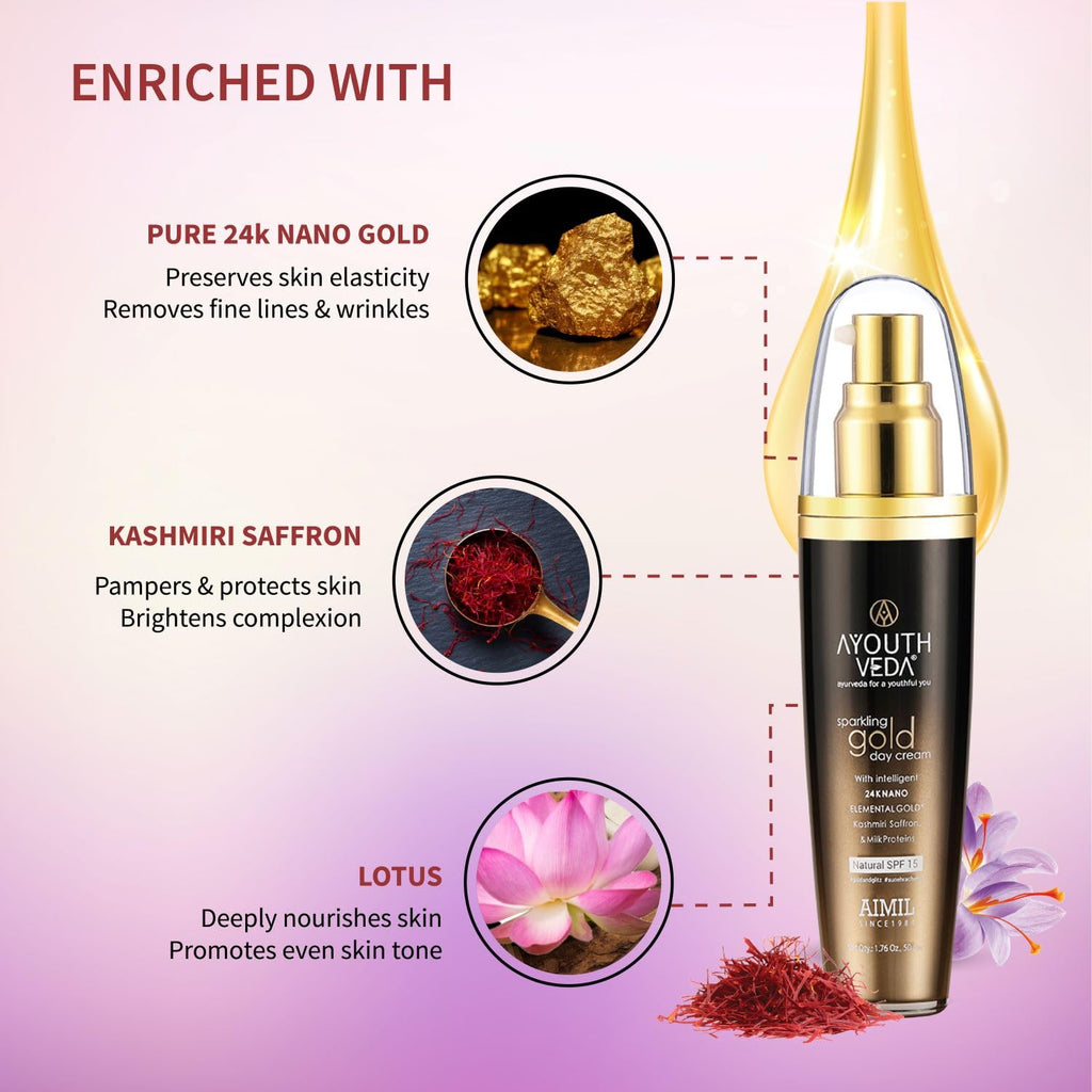 Ayouthveda Sparkling Gold Day Cream | 24K Nano Gold & Kashmiri Saffron | Anti-Ageing, Brightening & Blemish Reduction | Restores Skin Elasticity | Natural SPF Protection | For Dry to Normal Skin (50g (Pack of 1))