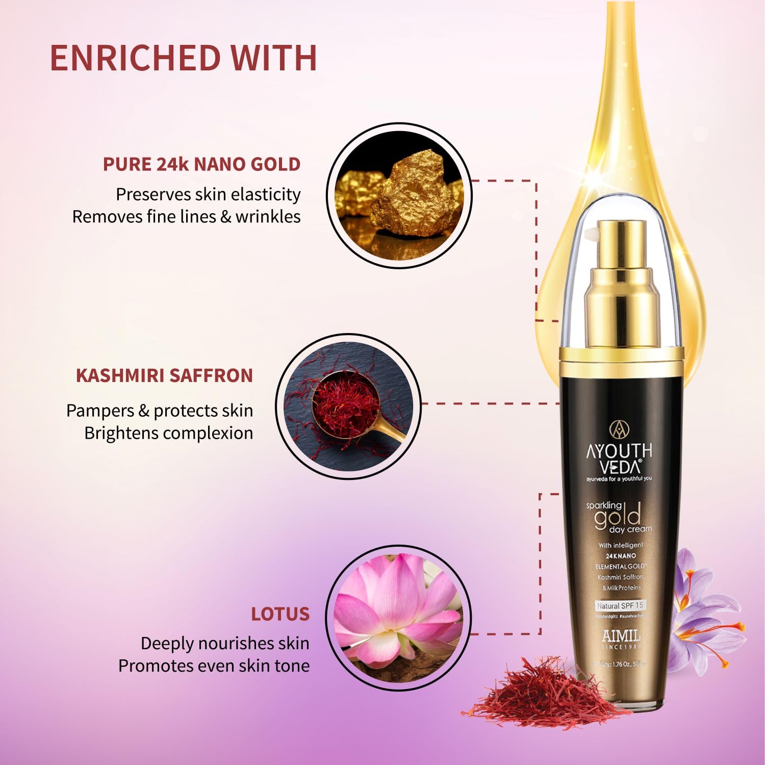 Ayouthveda Sparkling Gold Day Cream | 24K Nano Gold & Kashmiri Saffron | Anti-Ageing, Brightening & Blemish Reduction | Restores Skin Elasticity | Natural SPF Protection | For Dry to Normal Skin (50g (Pack of 1))