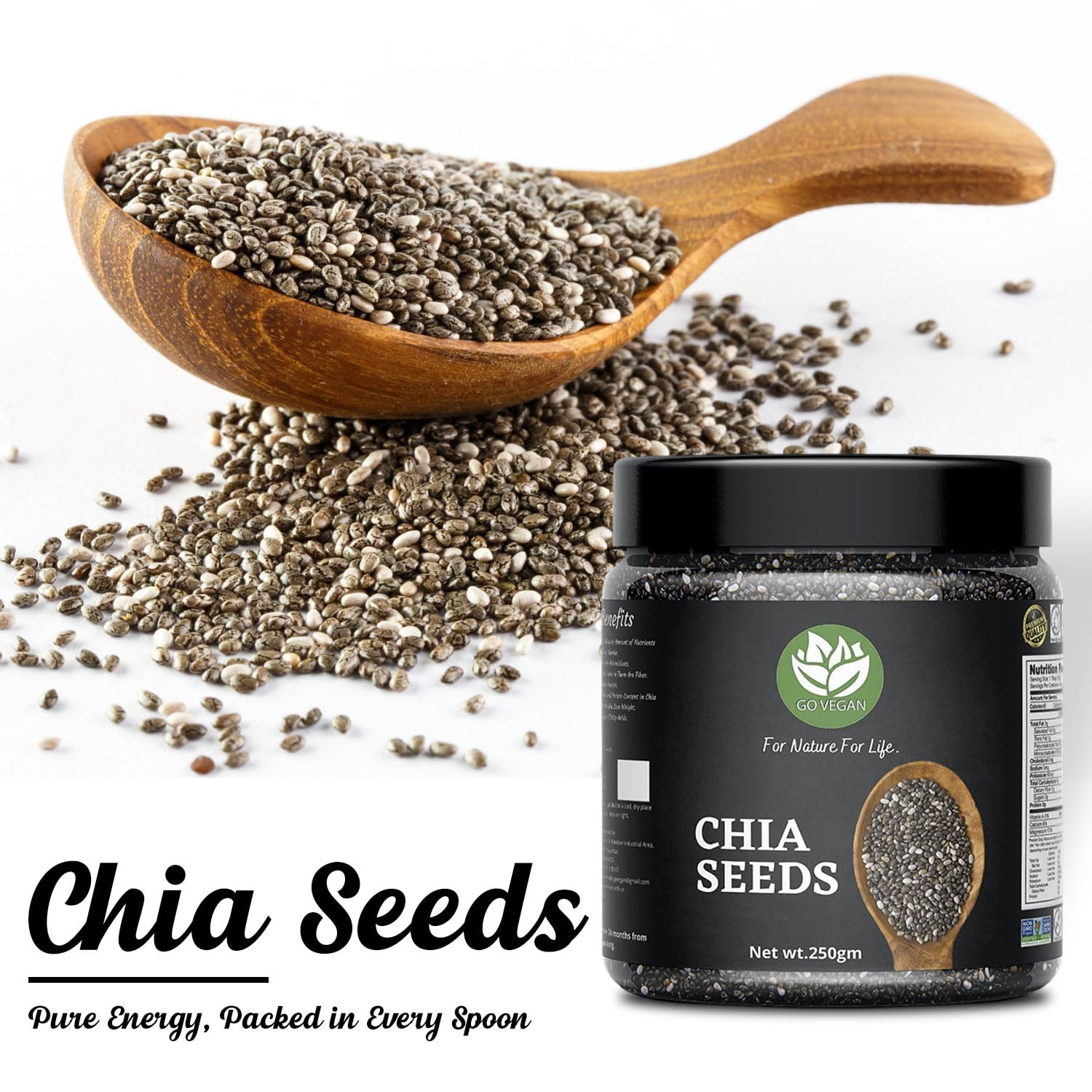 Go Vegan Raw Chia Seeds - 250 Gram Jar Pack | Omega 3 and Fibe Seeds for Weight Management | Rich in Calcium, Protein & Fibre