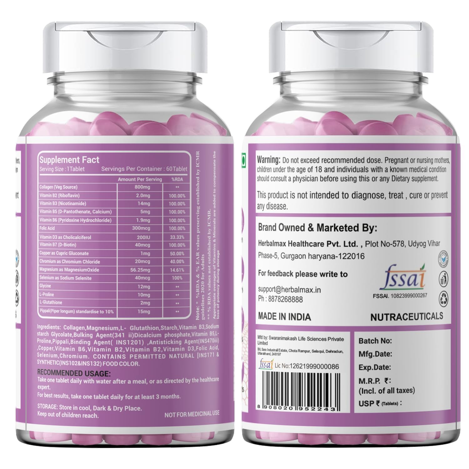 Herbalmax Veg Collagen Supplement Tablets â€“ 60N | 800mg Type 1, 2 & 3 Collagen | For Glow Skin, Hair, Nails, Joints & Bone Support | Enriched with Biotin & L-Glutathione