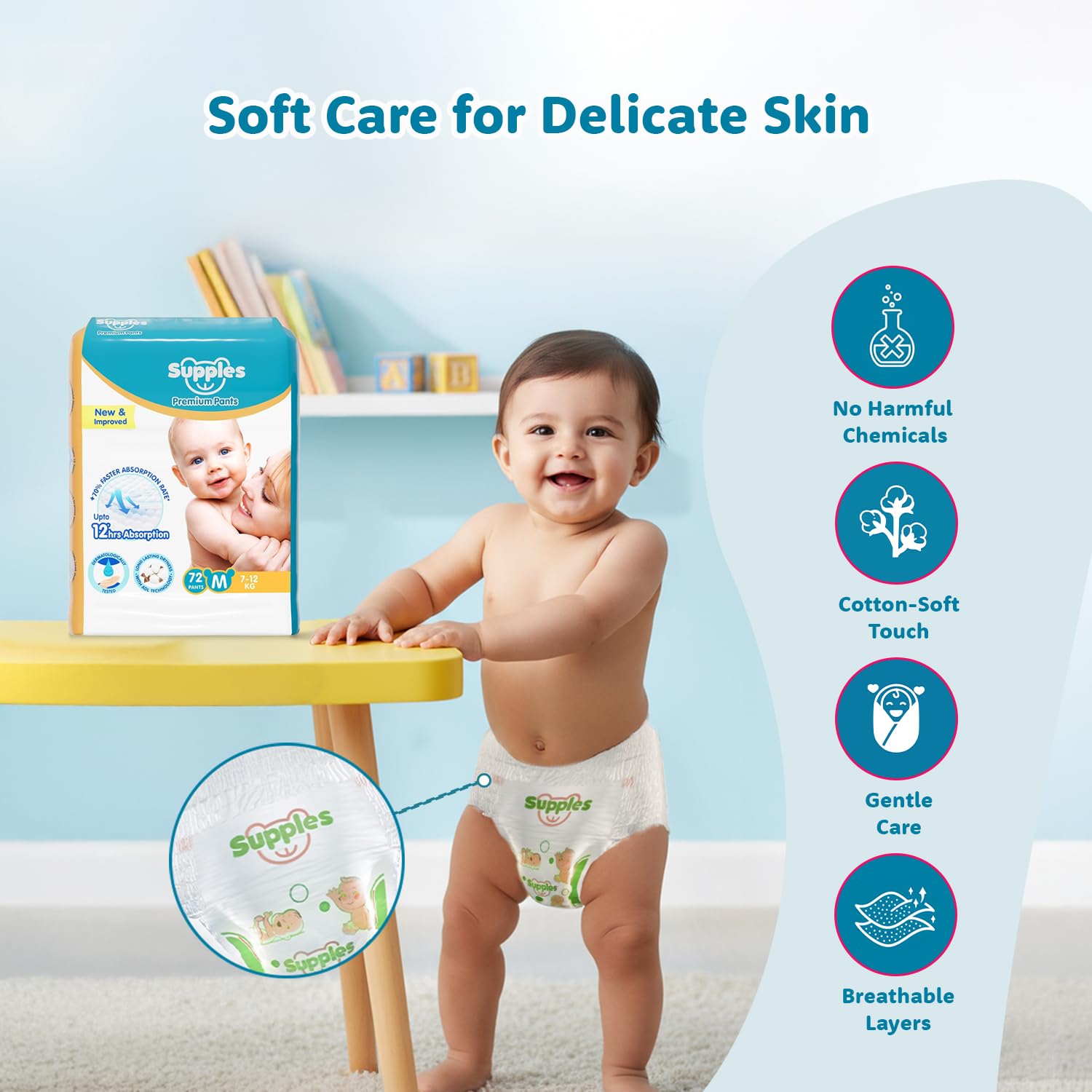 Supples Premium Baby Diaper Pants | 72 Baby Diapers | Medium | 7-12 Kg | 12 Hrs Absorption | Cushiony Cotton Soft Fabric | Phthalates-Free | Triple Leak Guard