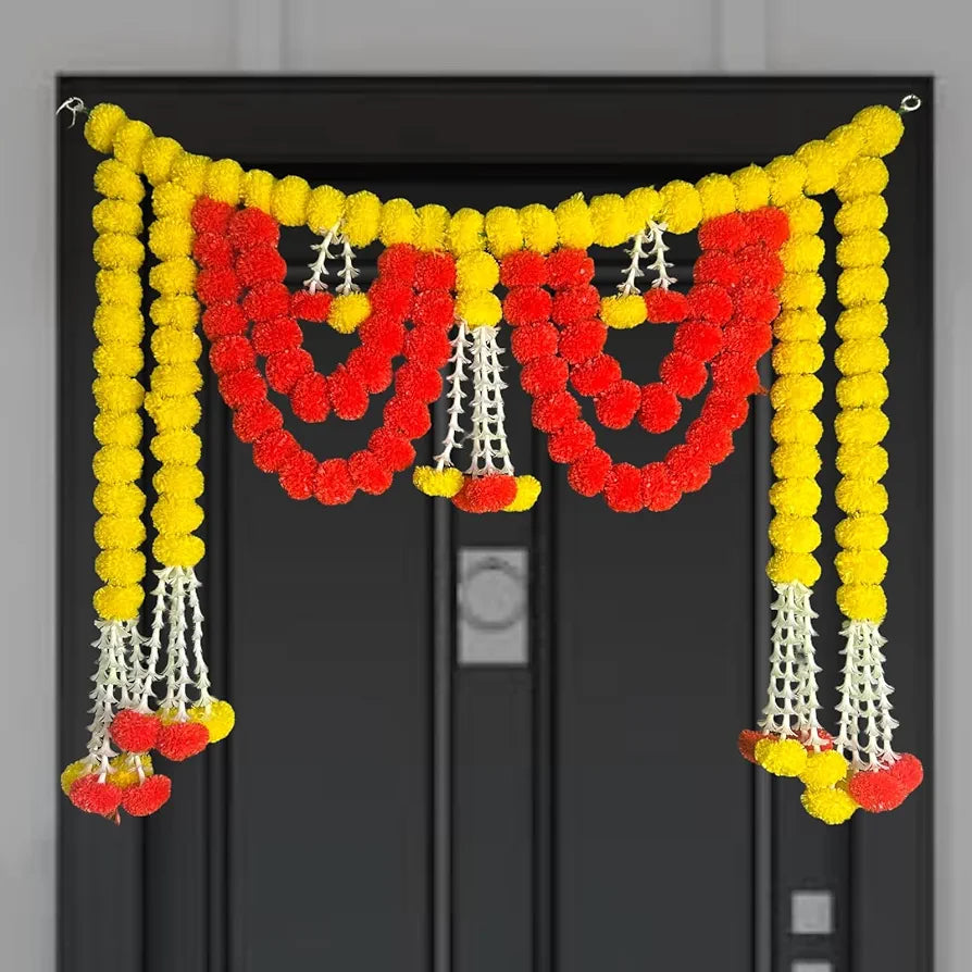 Handcrafted Decorative Bandanwar with Yellow & Red Marigold Flowers and Tuberose Strings 40x32 Inches