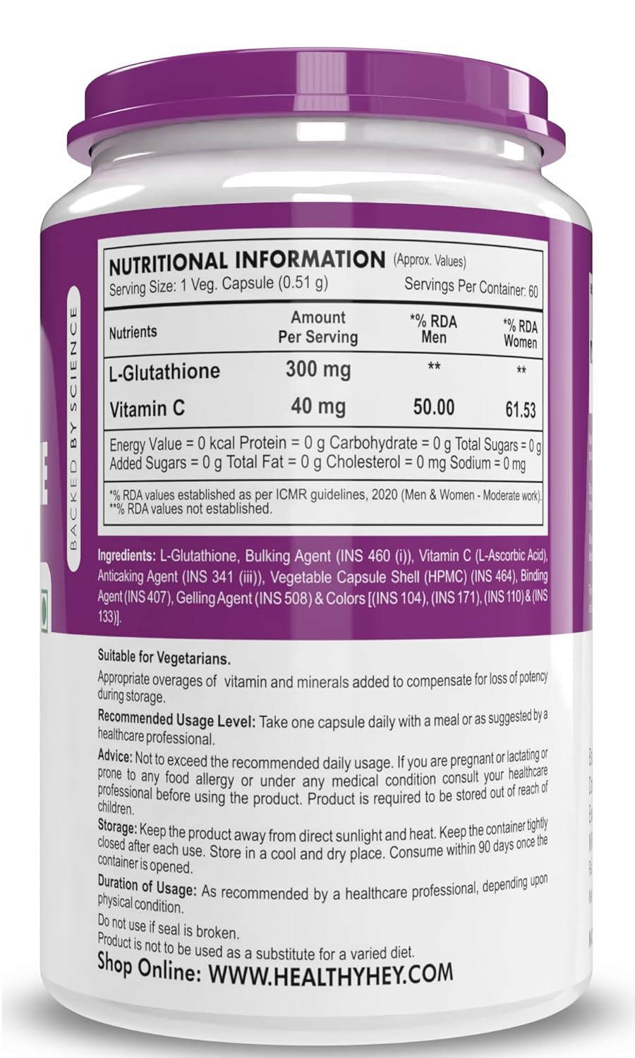 HealthyHey Nutrition Glutathione - Support Skin Health - 100% Vegetarian Source - 300mg - 60 Veg Capsules