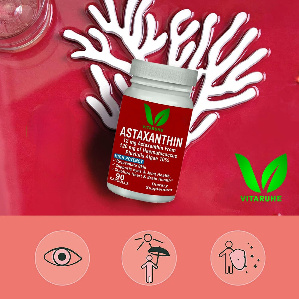 VITARUHEÂ® Astaxanthin Supplement High Dose & Vegan, 12 mg Natural Astaxanthin Powder from Blood Rain Algae, 90 Capsules for 3 Months, No Additives