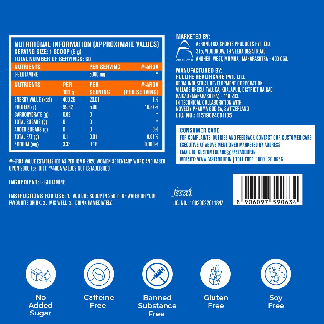 Fast&Up Glutamine (Unflavoured, 2 Month Supply) L-Glutamine For Muscle Building & Performance | Post Workout Recovery & Muscle Growth (300g powder)