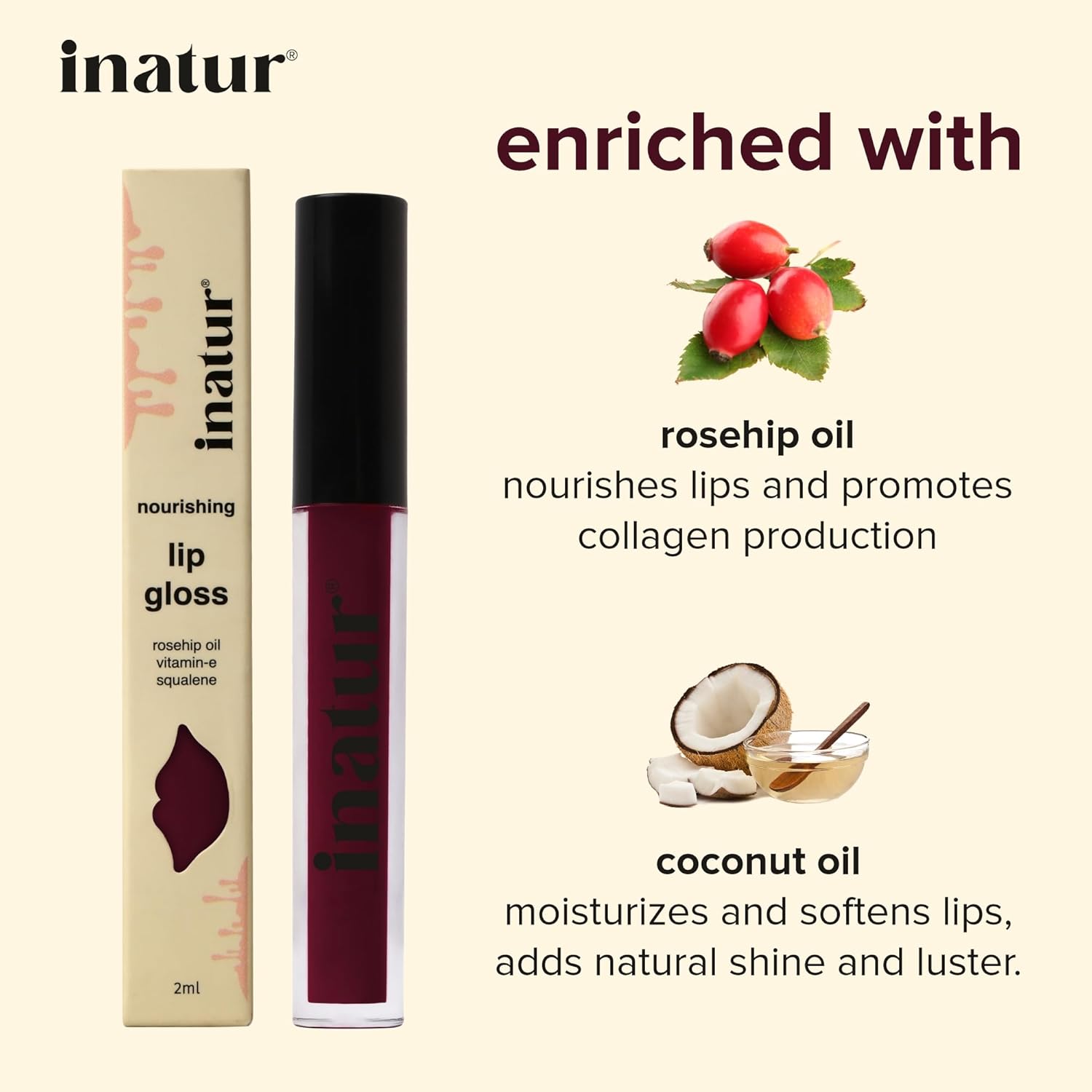 Inatur Wine Lip Gloss Shiny Lips - 2 ml