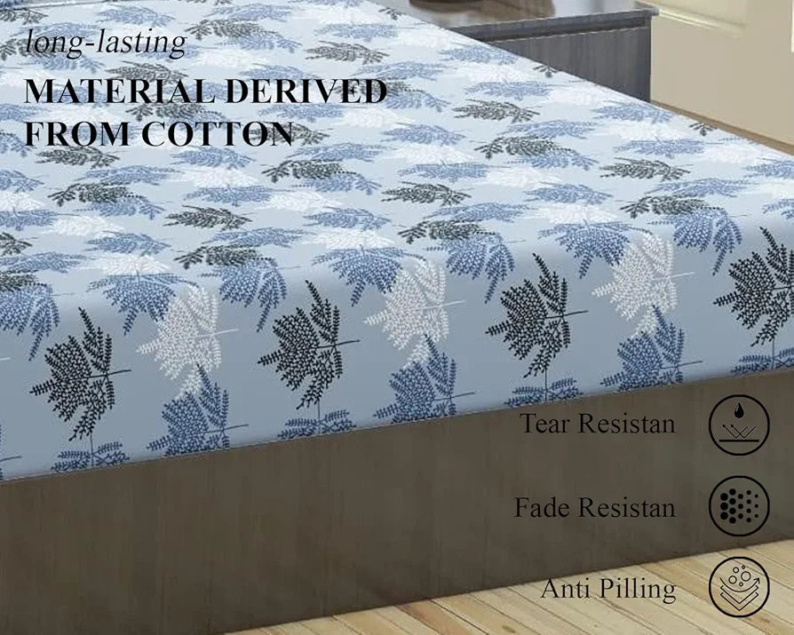 Trance Home Linen Pure 100% Cotton 144Tc Printed King Fitted Bedsheet with 2 Pillow Covers 144 tc Colour Ferns Paradise Blue
