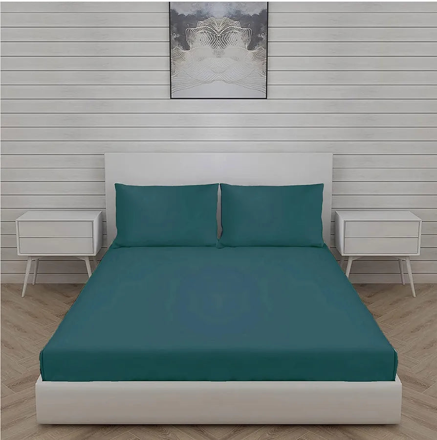 Trance Home Linen Premium 300 TC Pure 100% Cotton King Fitted Bedsheet With 2 Pillow Solid Covers Elasticated 78 X 72 Inches / 198 X 182 Cms / 6.5 X 6 Feet Colour Teal