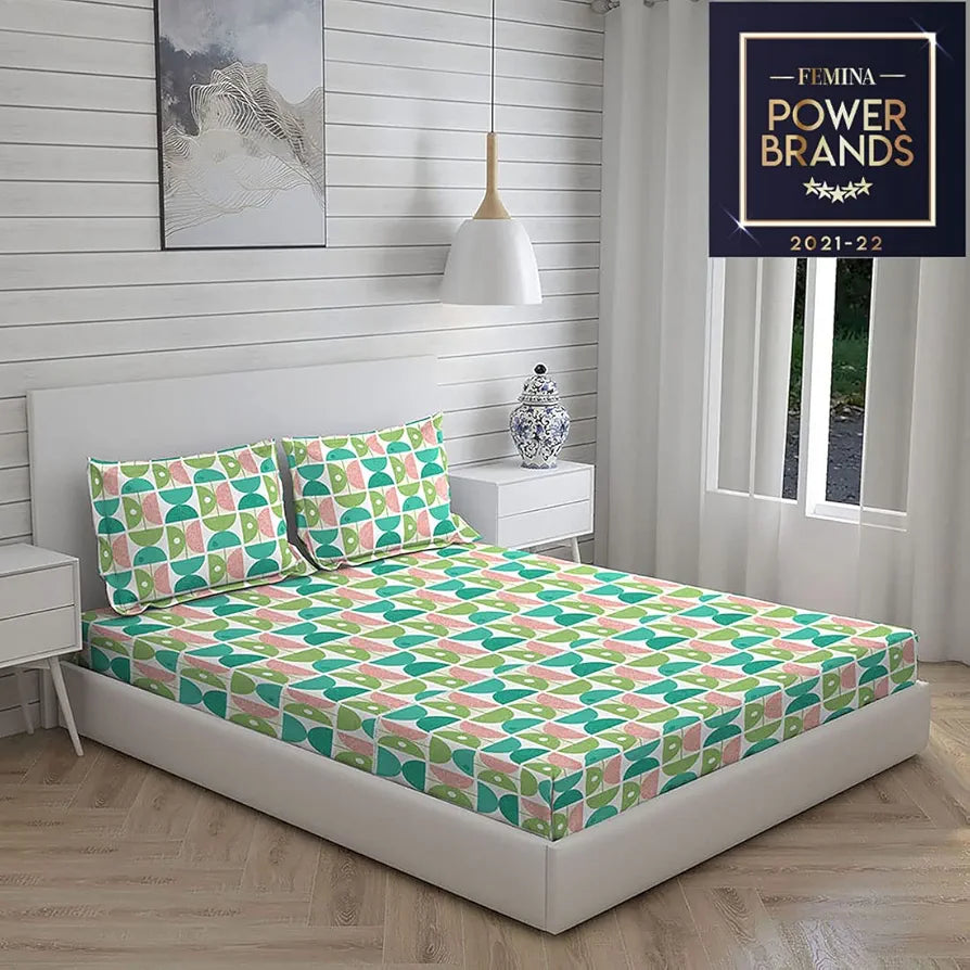 Layers Duracount Bedsheet Set for All Seasons Lightweight Moisture Absorbent Machine Washable 225 CVC Queen Size Green/Pink