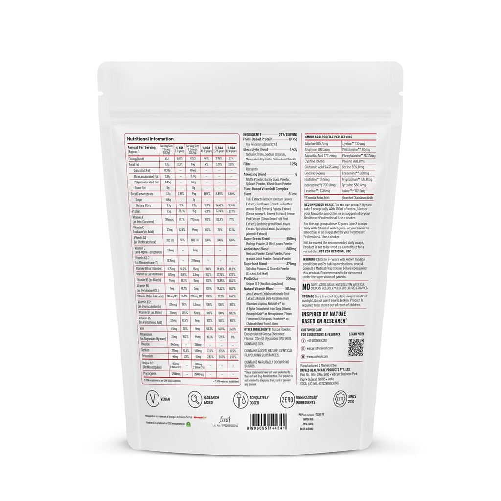 Unived Juniors Superfood Protein - 15g Pea Protein, Essential Electrolytes, Fiber from Flaxseeds, Supergreens, Plant-Based Vitamins, Sugar-Free - Supports Growth & Hydration for Ages 7-18